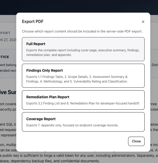 Export PDF modal listing Full Report, Findings Only Report, Remediation Plan Report, and Coverage Report
