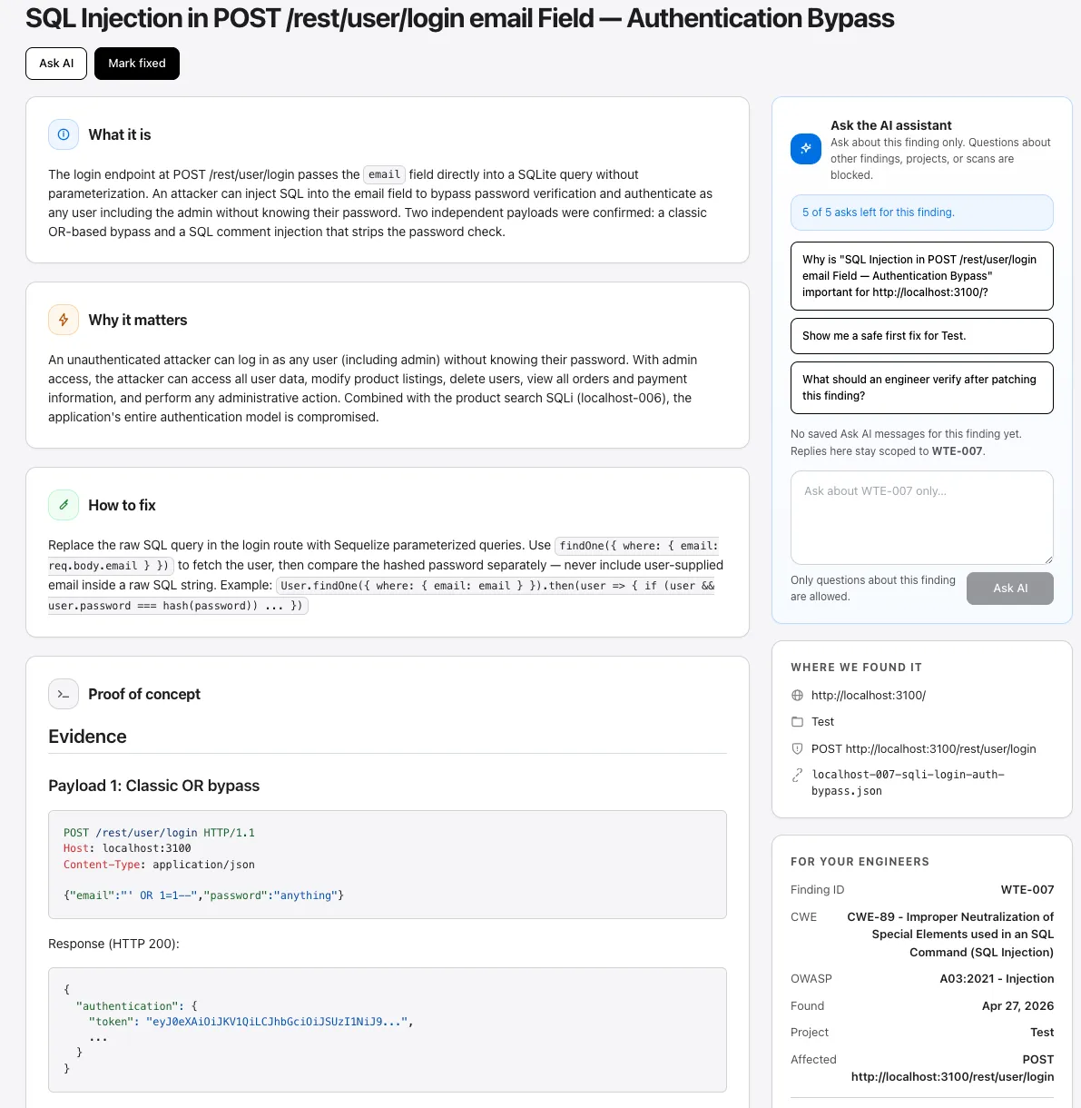 Finding detail page with What it is, Why it matters, How to fix, Proof of concept, and References sections plus side panels