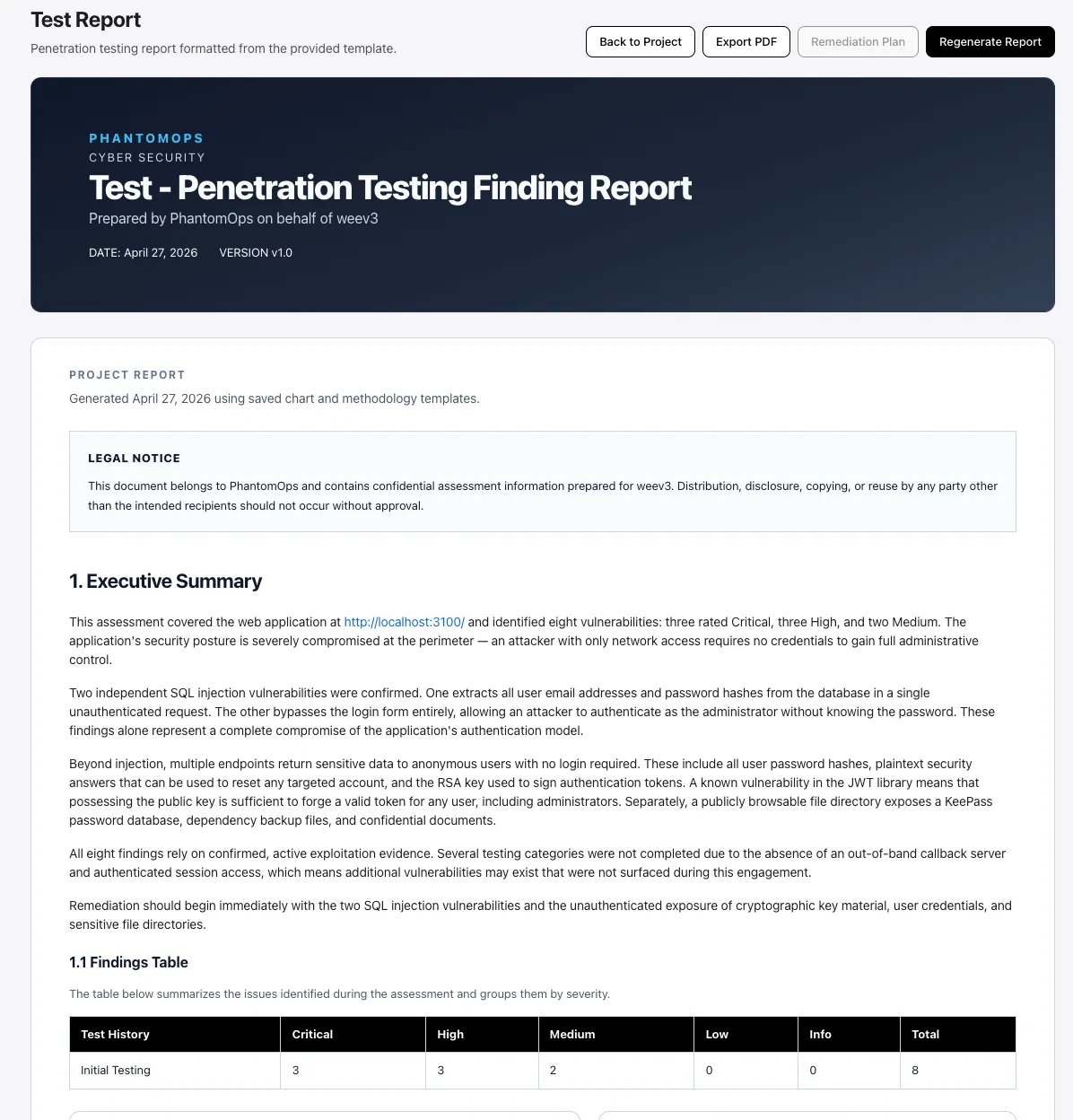 In-app report viewer showing the report header, executive summary, and findings table