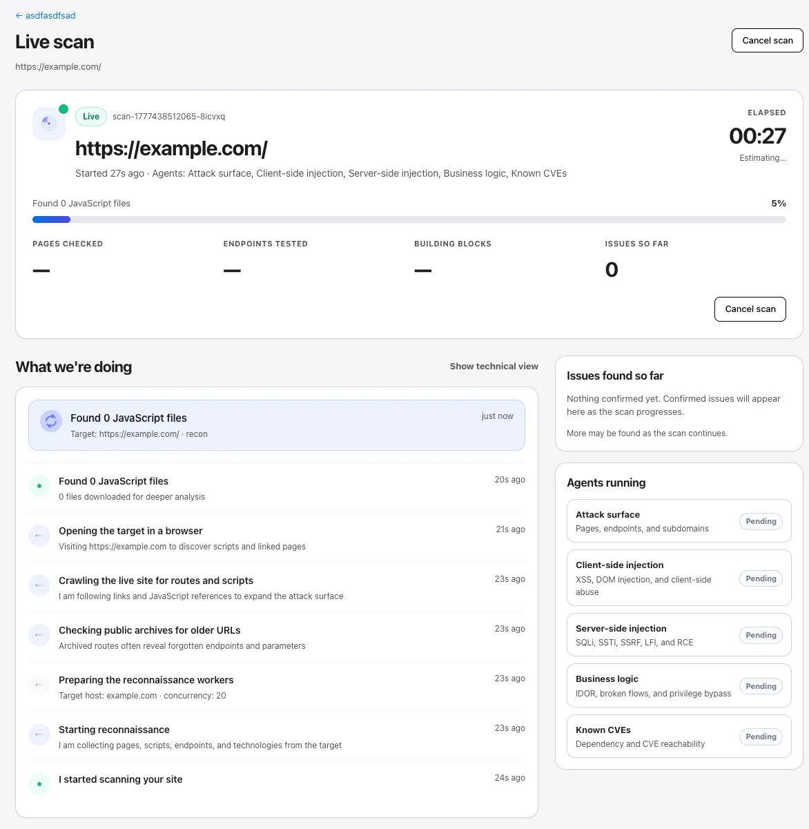 Live scan page with phase indicator, stat counters, activity stream, and per-agent status