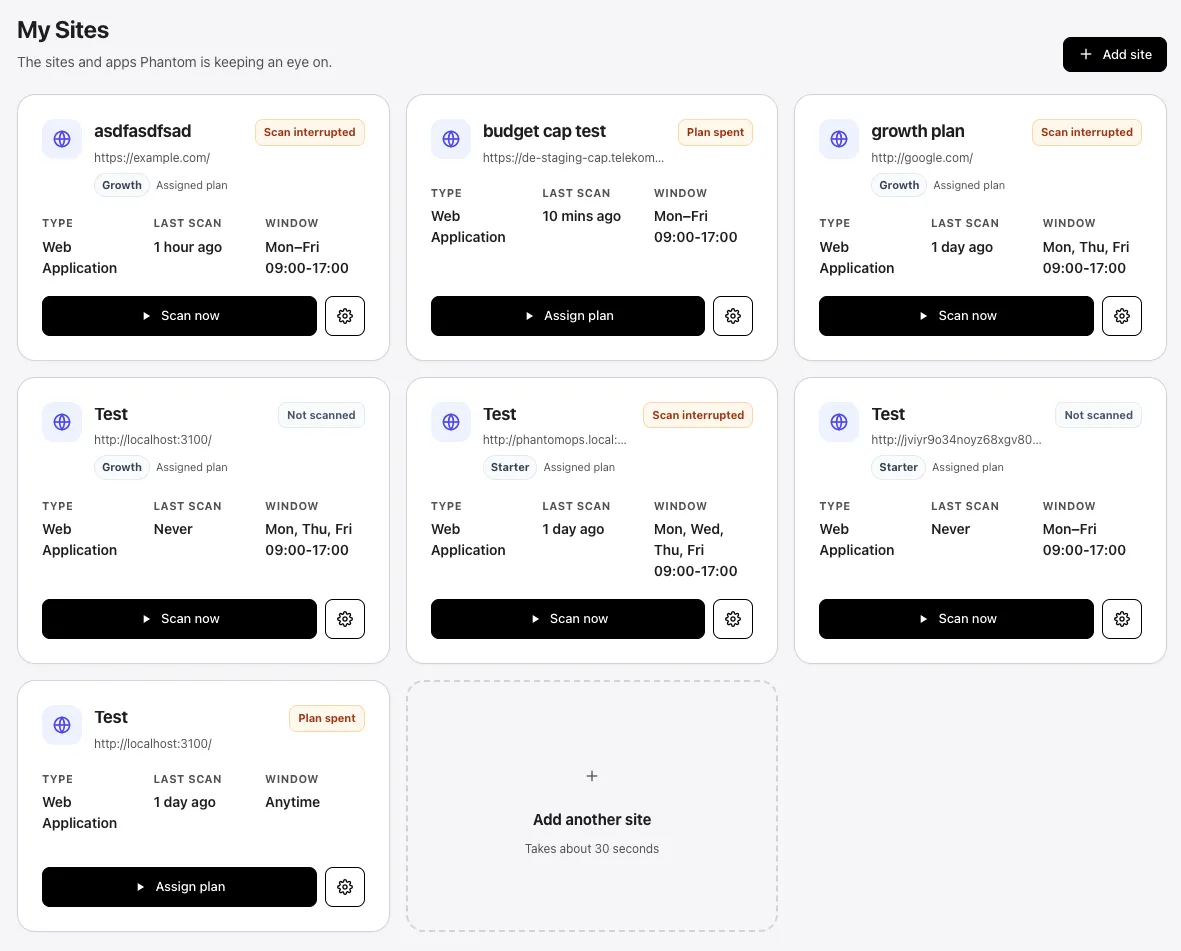 My Sites dashboard with the Add site button in the top-right and an Add another site card in the grid