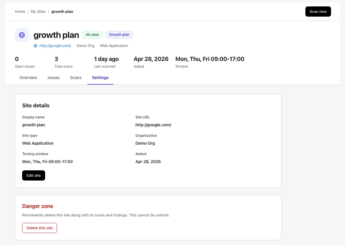 Settings tab on a project workspace, showing Site details and Danger zone cards
