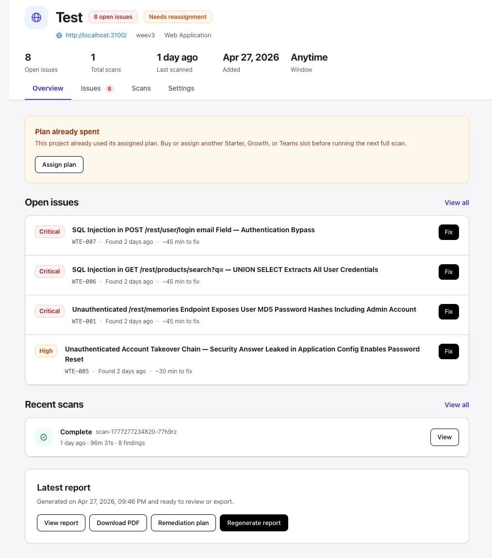 Project workspace Overview tab showing stats, open issues, recent scans, and the latest report panel