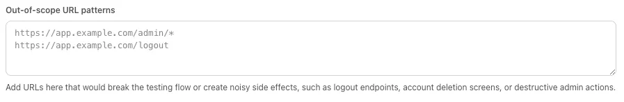 Out-of-scope URL patterns textarea with two example exclusion lines
