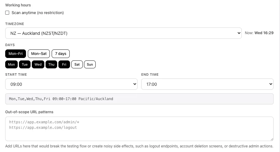 Working hours block with timezone, day chips, and start/end time selectors