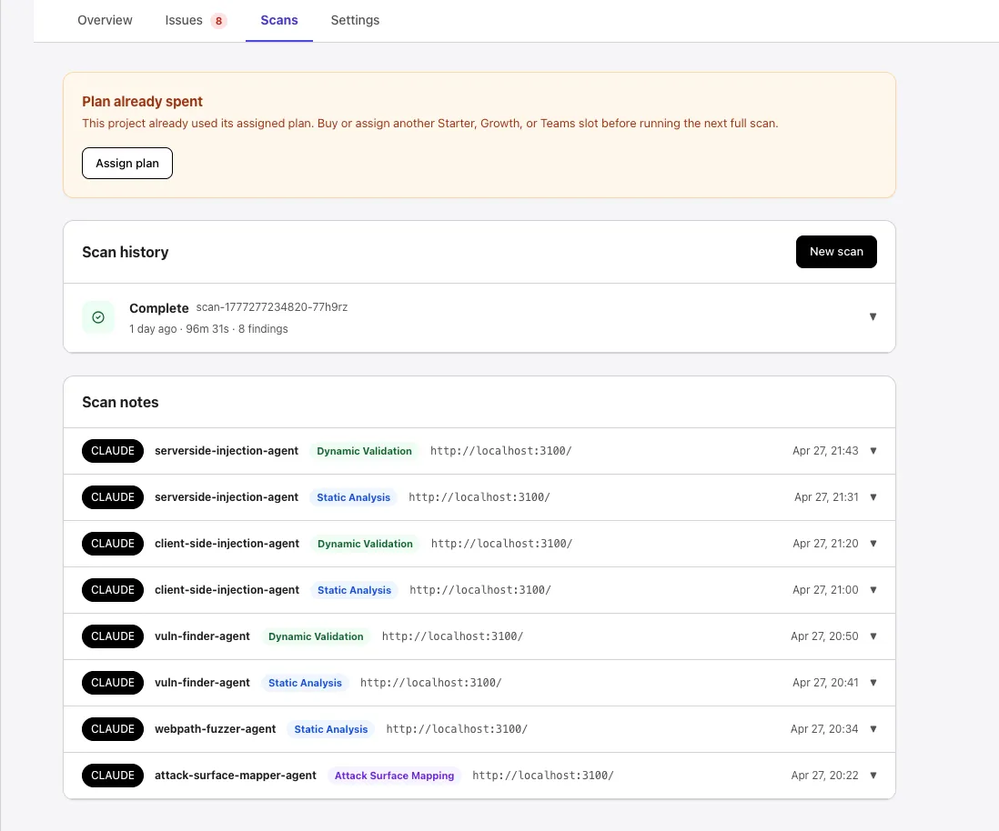 Scans tab showing the Scan history list and Scan notes section below