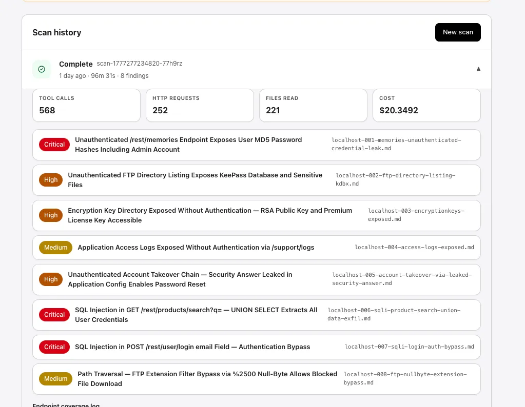 Expanded scan detail with aggregate counters and the per-finding list