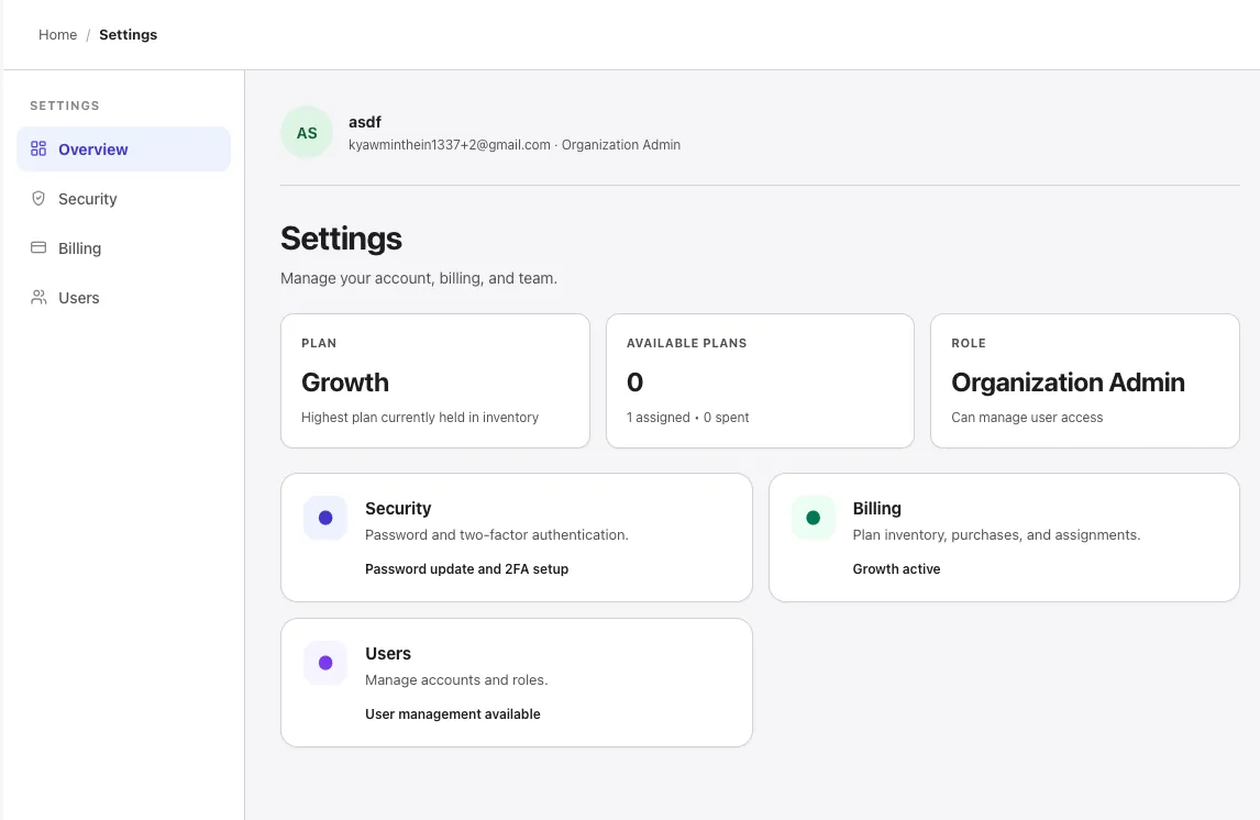 Settings page with the left-sidebar navigation showing Overview, Security, Billing, and Users