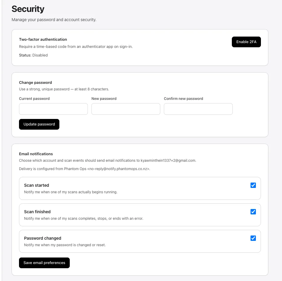 Security page with Two-factor authentication, Change password, and Email notifications panels